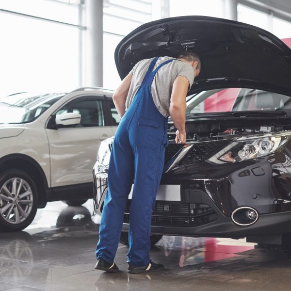 Picture showing muscular car service worker repairing vehicle